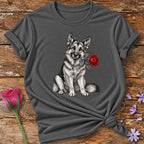 German Shepherd with Rose — Monochrome Botanical T-Shirt for Women in Charcoal