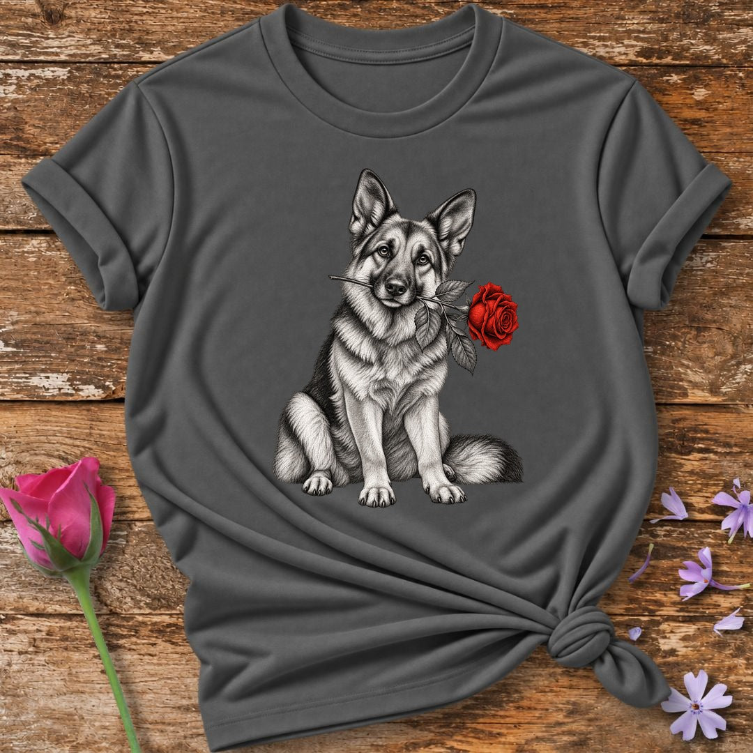 German Shepherd with Rose — Monochrome Botanical T-Shirt for Women in Charcoal