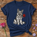 German Shepherd with Rose — Monochrome Botanical T-Shirt for Women in Navy