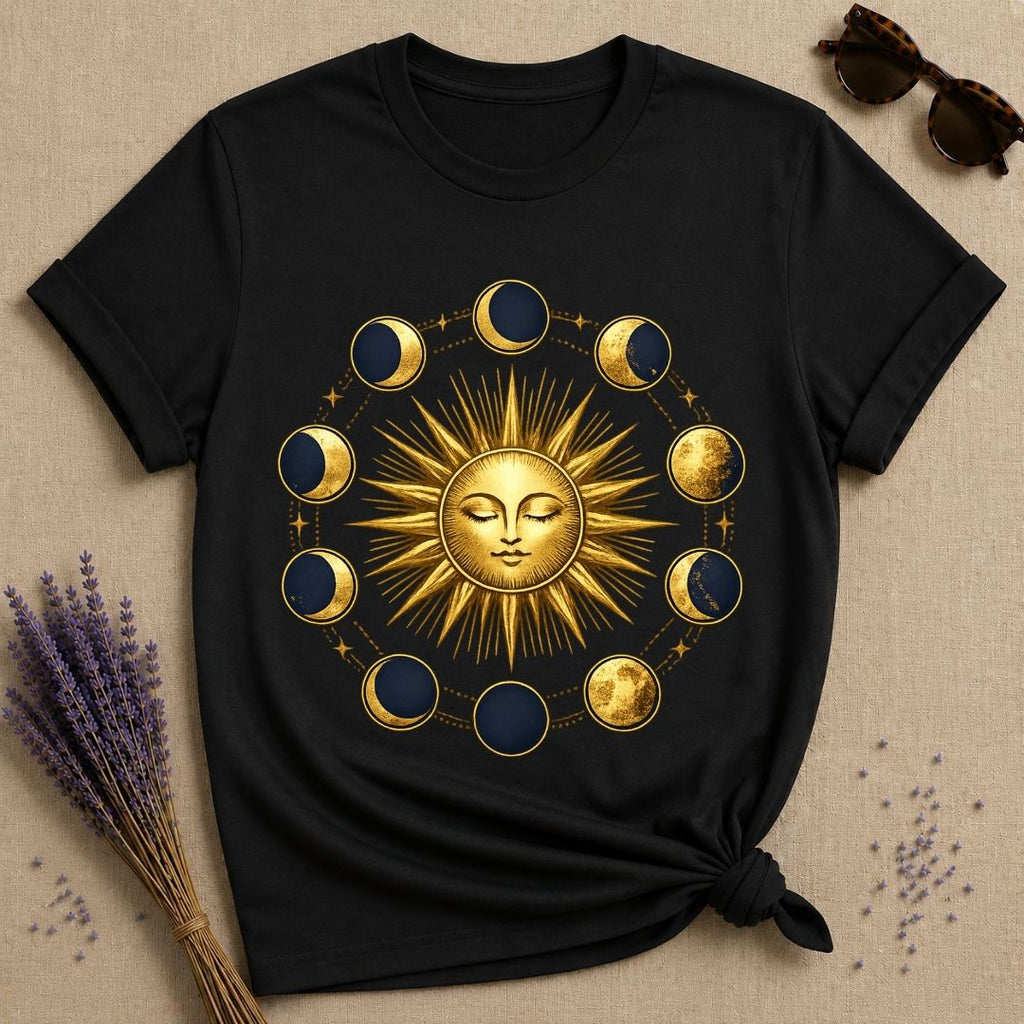 Gold Sun and Moon Phases — Celestial Vintage Graphic T-Shirt for Women in Black