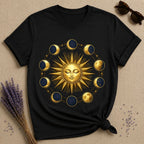 Gold Sun and Moon Phases — Celestial Vintage Graphic T-Shirt for Women in Black