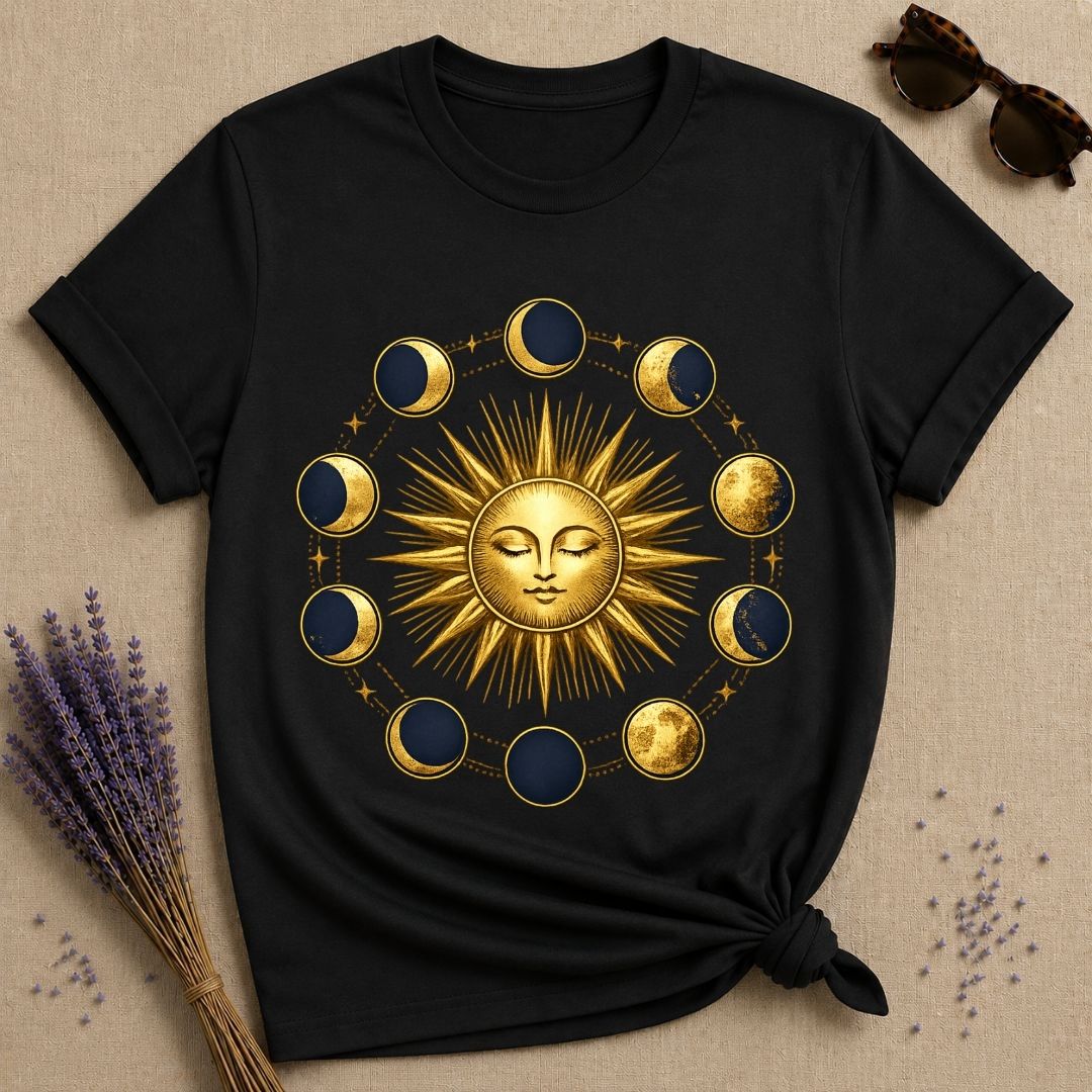 Gold Sun and Moon Phases — Celestial Vintage Graphic T-Shirt for Women in Black