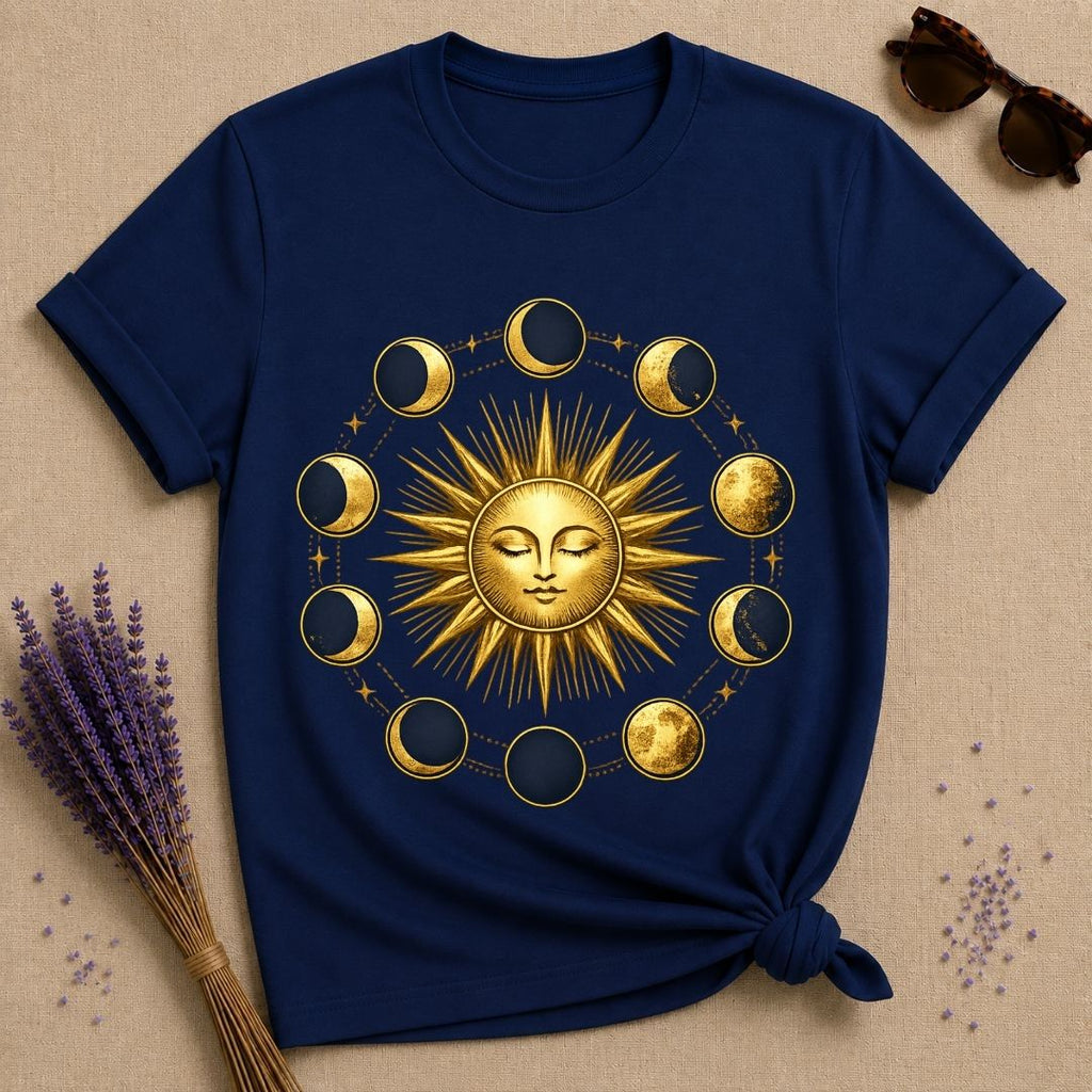 Gold Sun and Moon Phases — Celestial Vintage Graphic T-Shirt for Women in Navy