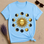 Gold Sun and Moon Phases — Celestial Vintage Graphic T-Shirt for Women in Sky
