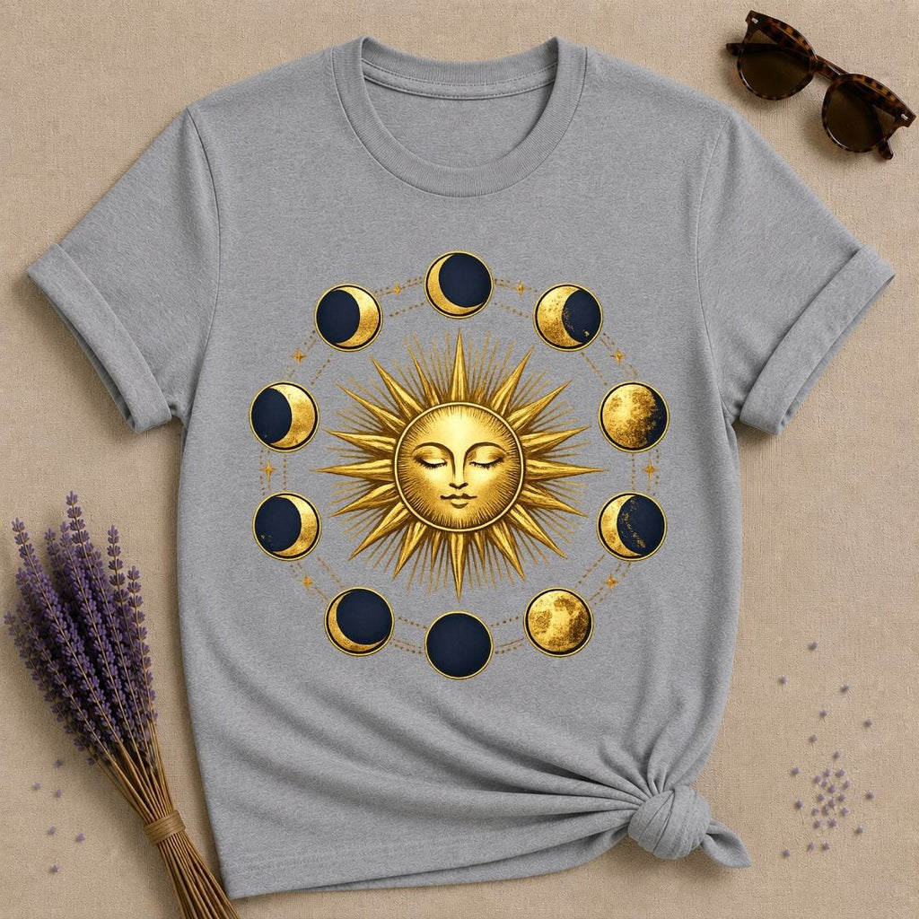 Gold Sun and Moon Phases — Celestial Vintage Graphic T-Shirt for Women in Sport Grey