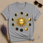 Gold Sun and Moon Phases — Celestial Vintage Graphic T-Shirt for Women in Sport Grey