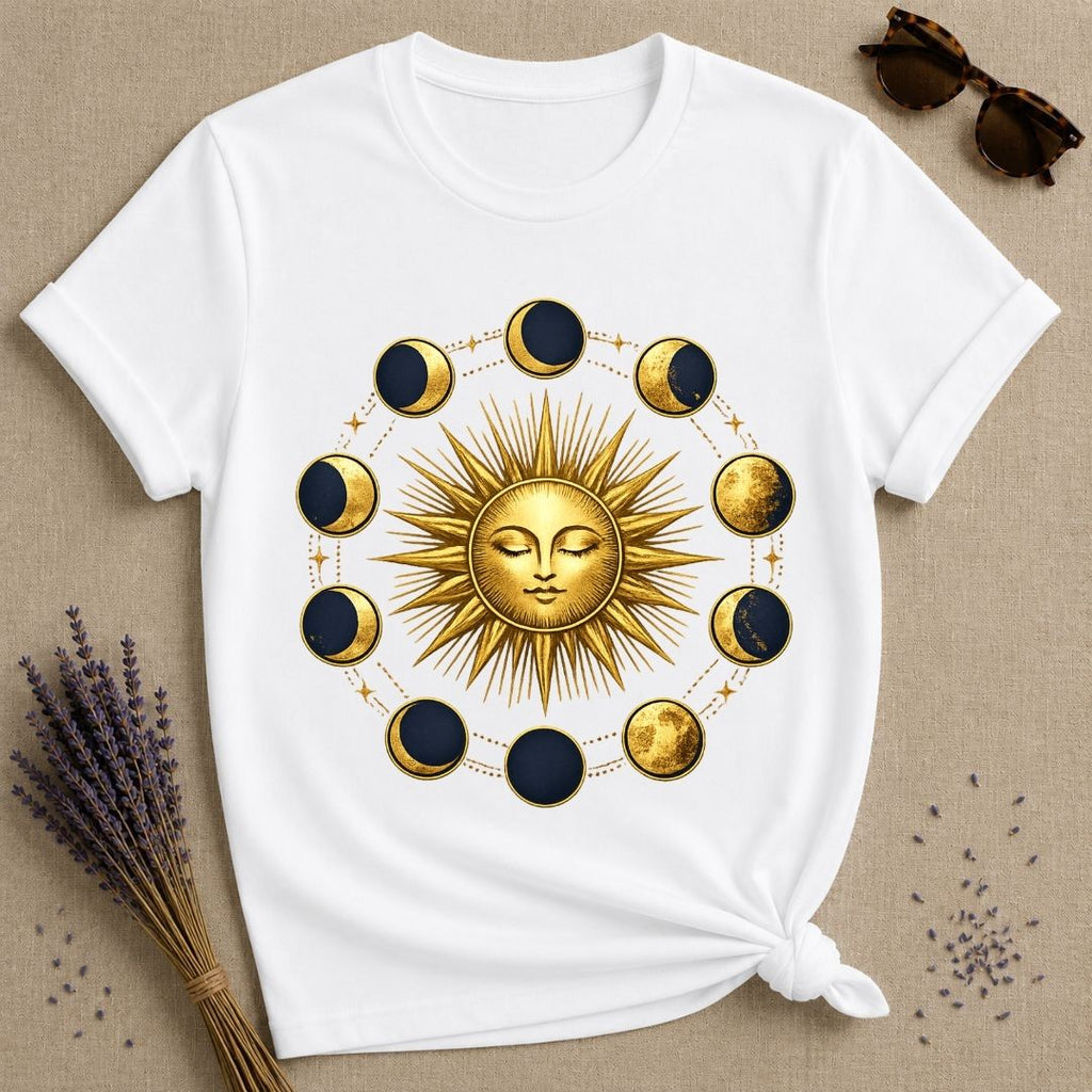 Gold Sun and Moon Phases — Celestial Vintage Graphic T-Shirt for Women in White