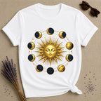 Gold Sun and Moon Phases — Celestial Vintage Graphic T-Shirt for Women in White