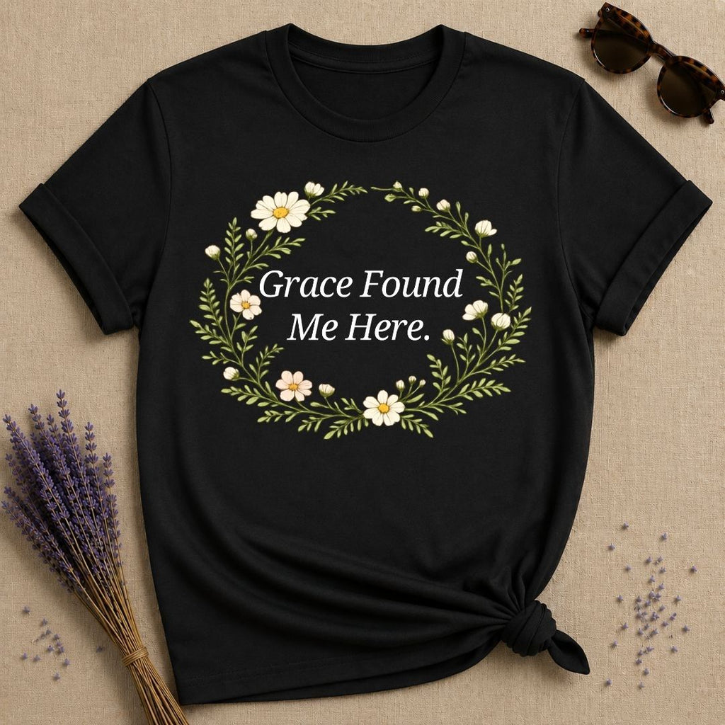 Grace Found Me Here — Botanical Chamomile Wreath T-Shirt for Women in Black