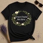 Grace Found Me Here — Botanical Chamomile Wreath T-Shirt for Women in Black