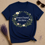 Grace Found Me Here — Botanical Chamomile Wreath T-Shirt for Women in Navy