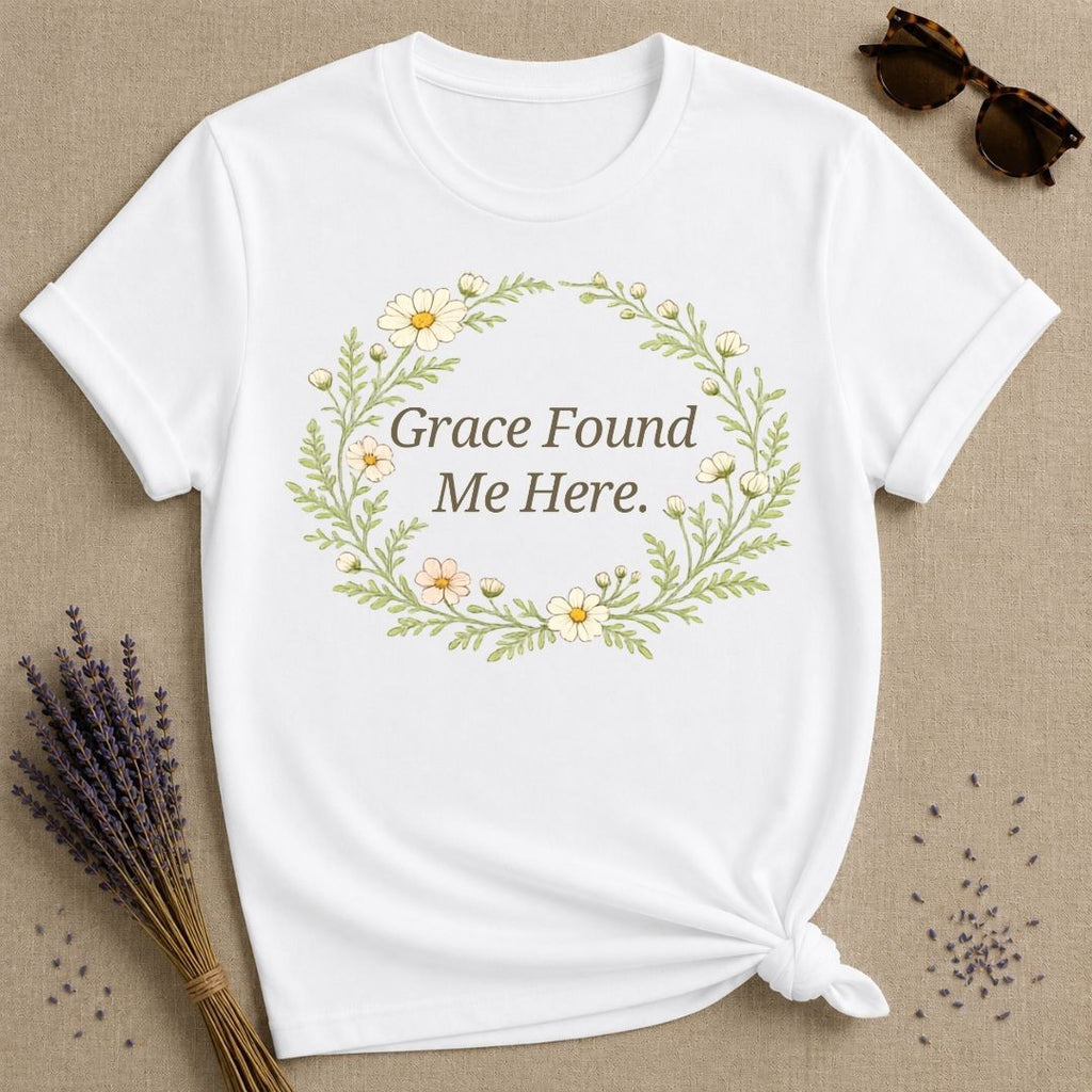 Grace Found Me Here — Botanical Chamomile Wreath T-Shirt for Women in White