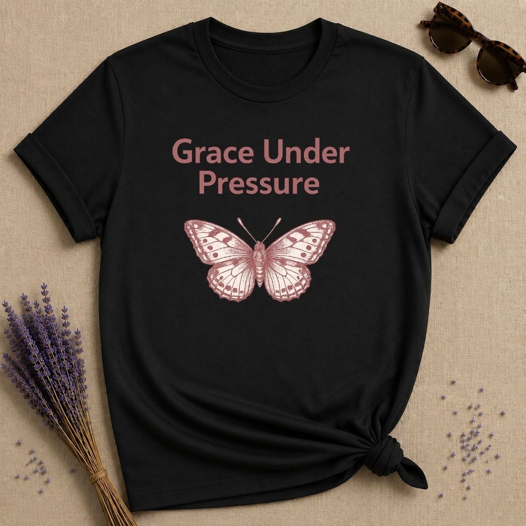 Grace Under Pressure — Vintage Moth Botanical T-Shirt for Women in Black