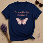 Grace Under Pressure — Vintage Moth Botanical T-Shirt for Women in Navy
