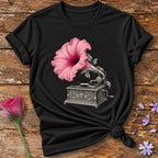 Gramophone in Bloom — Vintage Botanical T-Shirt for Women in Black