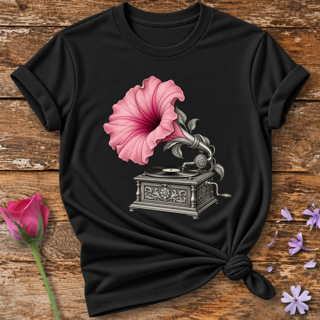 Gramophone in Bloom — Vintage Botanical T-Shirt for Women in Black