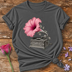 Gramophone in Bloom — Vintage Botanical T-Shirt for Women in Charcoal