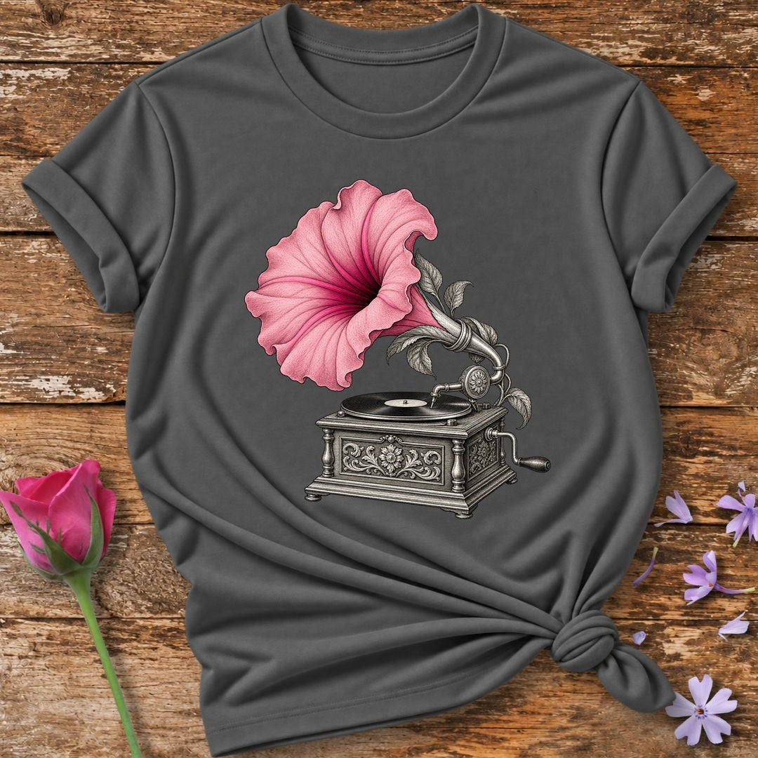 Gramophone in Bloom — Vintage Botanical T-Shirt for Women in Charcoal