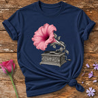 Gramophone in Bloom — Vintage Botanical T-Shirt for Women in Navy