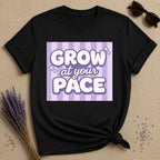 Grow at Your Pace — Purple Stripe Bubble Typography T-Shirt for Women in Black