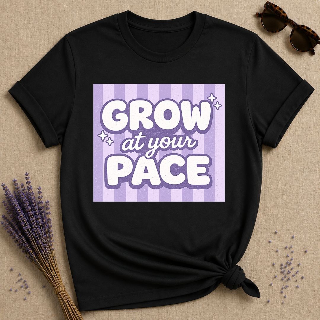 Grow at Your Pace — Purple Stripe Bubble Typography T-Shirt for Women in Black