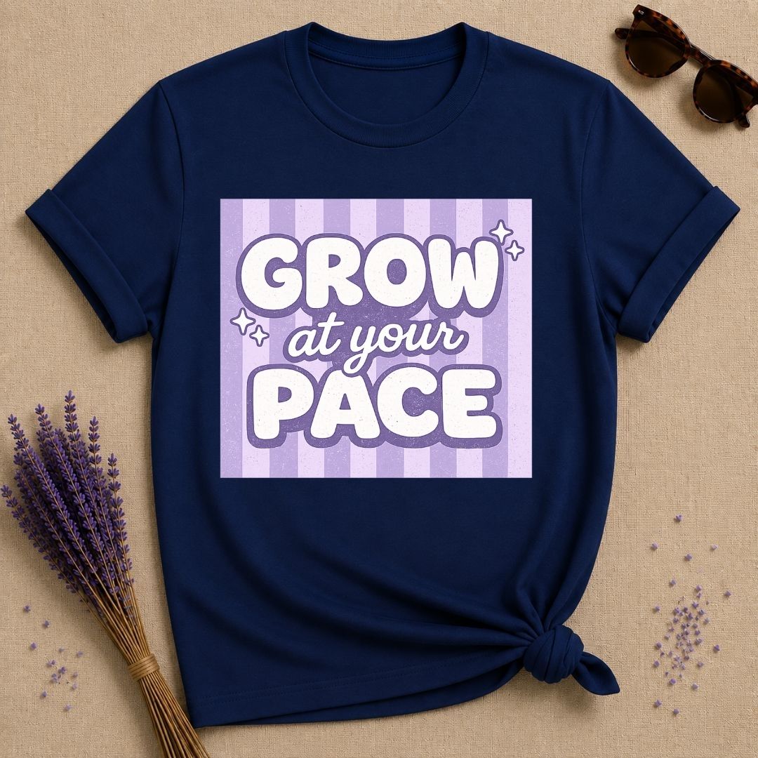 Grow at Your Pace — Purple Stripe Bubble Typography T-Shirt for Women in Navy