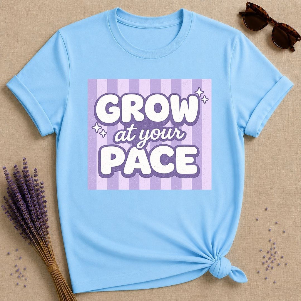 Grow at Your Pace — Purple Stripe Bubble Typography T-Shirt for Women in Sky