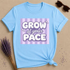Grow at Your Pace — Purple Stripe Bubble Typography T-Shirt for Women in Sky