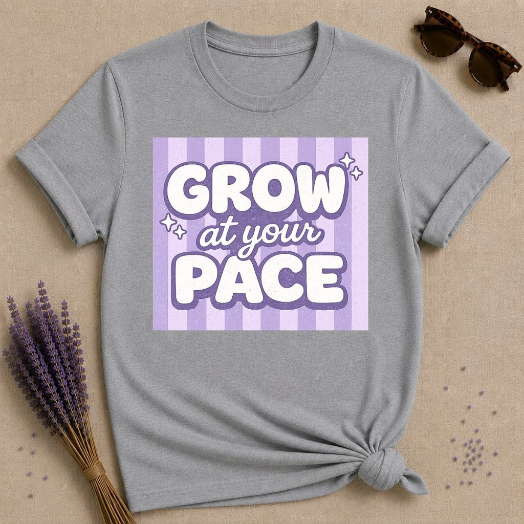 Grow at Your Pace — Purple Stripe Bubble Typography T-Shirt for Women in Sport Grey