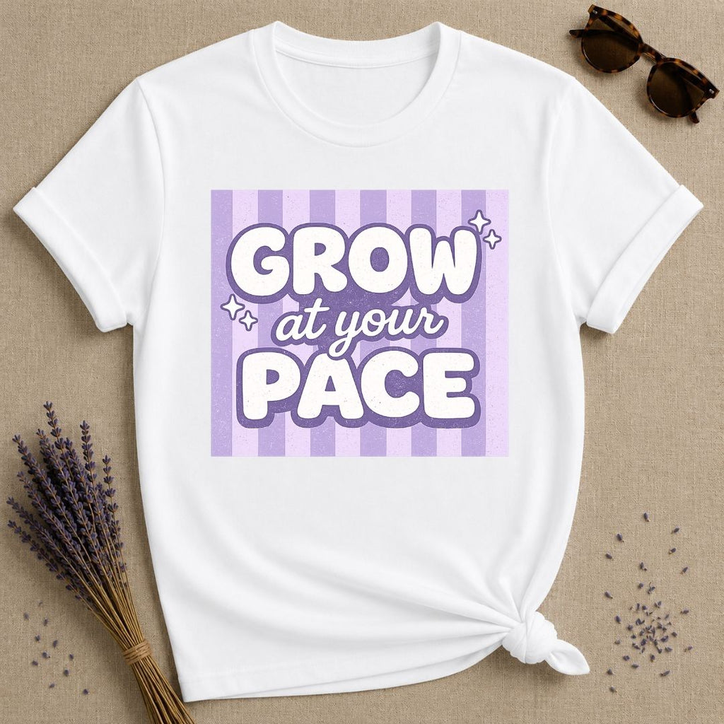 Grow at Your Pace — Purple Stripe Bubble Typography T-Shirt for Women in White