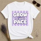 Grow at Your Pace — Purple Stripe Bubble Typography T-Shirt for Women in White