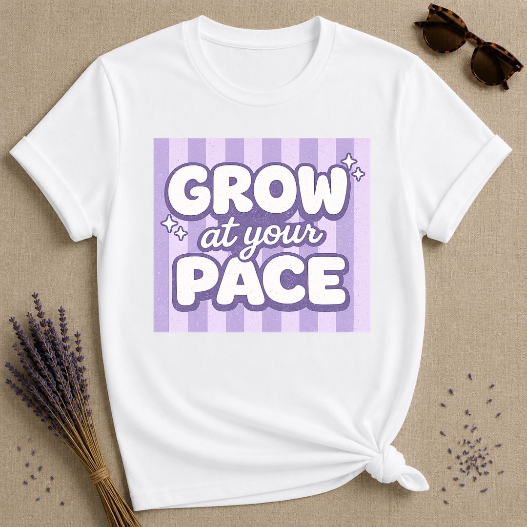 Grow at Your Pace — Purple Stripe Bubble Typography T-Shirt for Women in White