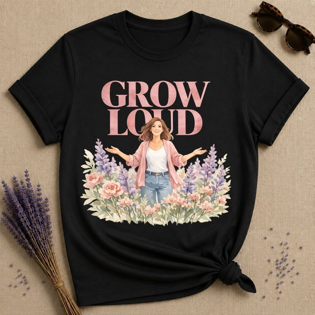 Grow Loud — Watercolor Floral Woman Empowerment T-Shirt for Women in Black