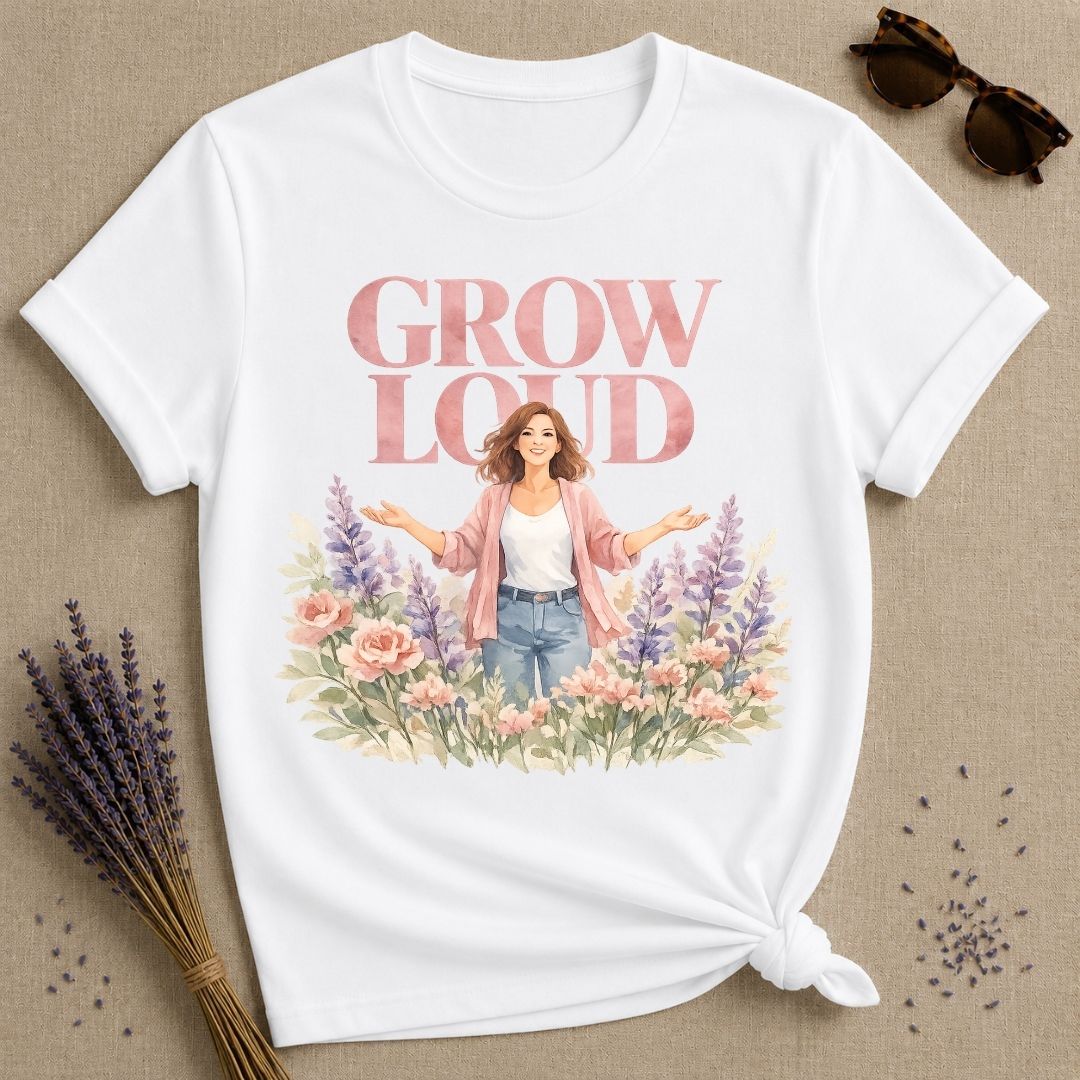Grow Loud — Watercolor Floral Woman Empowerment T-Shirt for Women in White