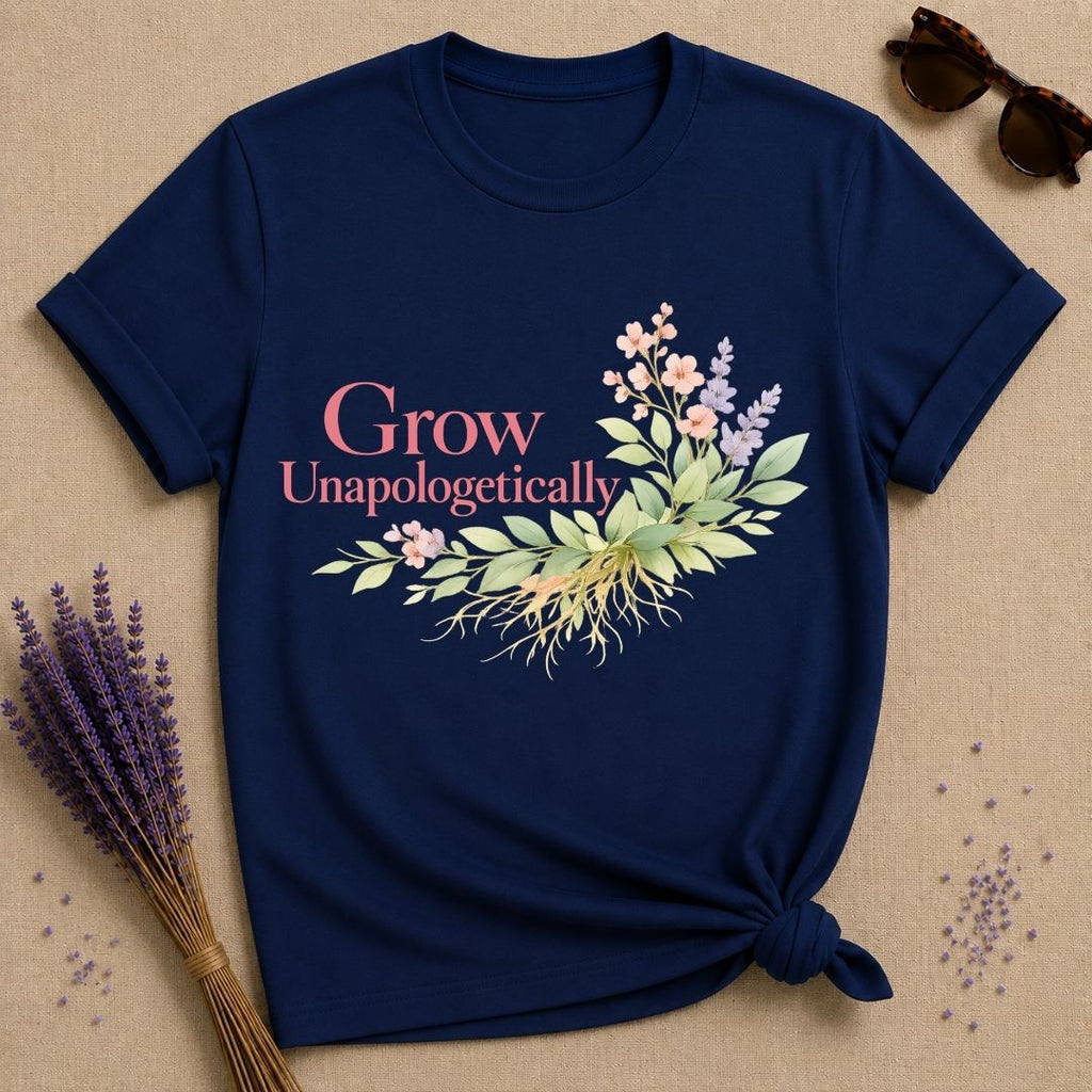 Grow Unapologetically — Watercolor Botanical Empowerment T-Shirt for Women in Navy