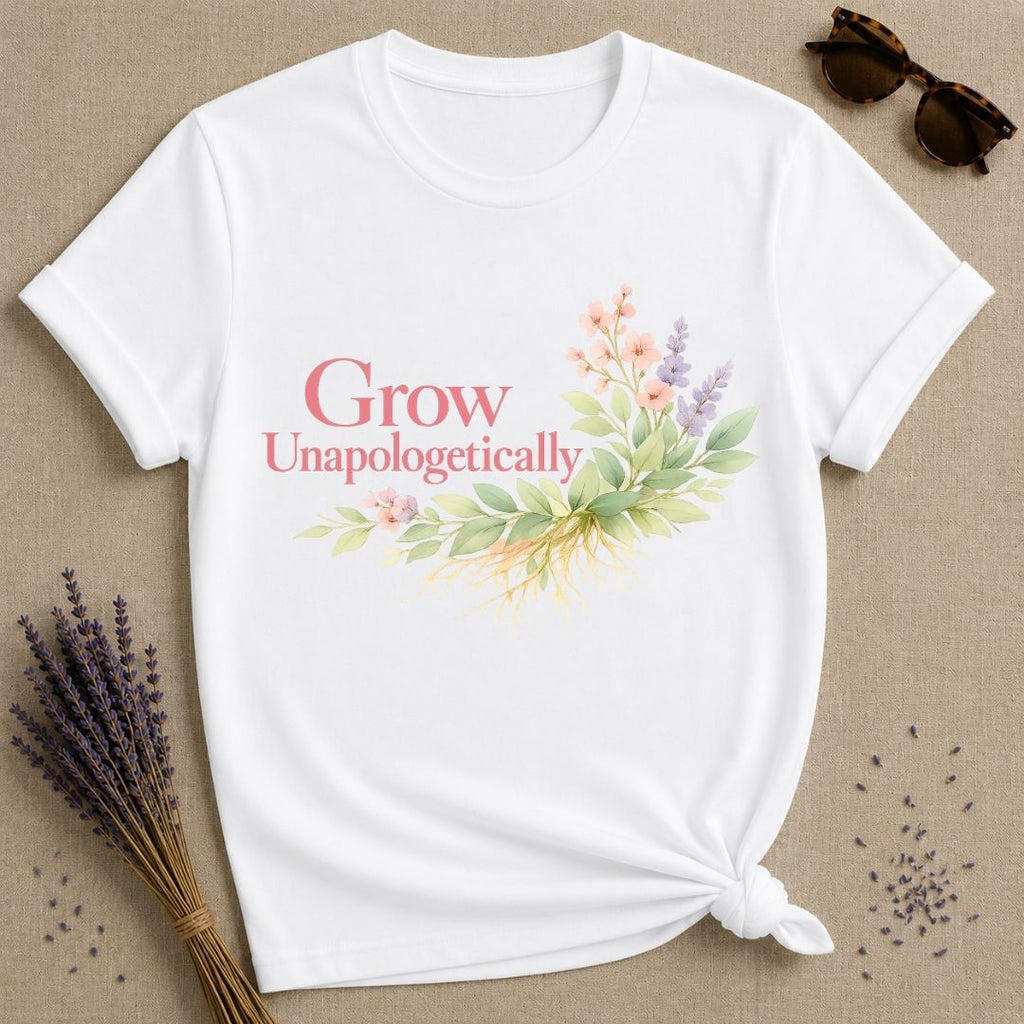 Grow Unapologetically — Watercolor Botanical Empowerment T-Shirt for Women in White