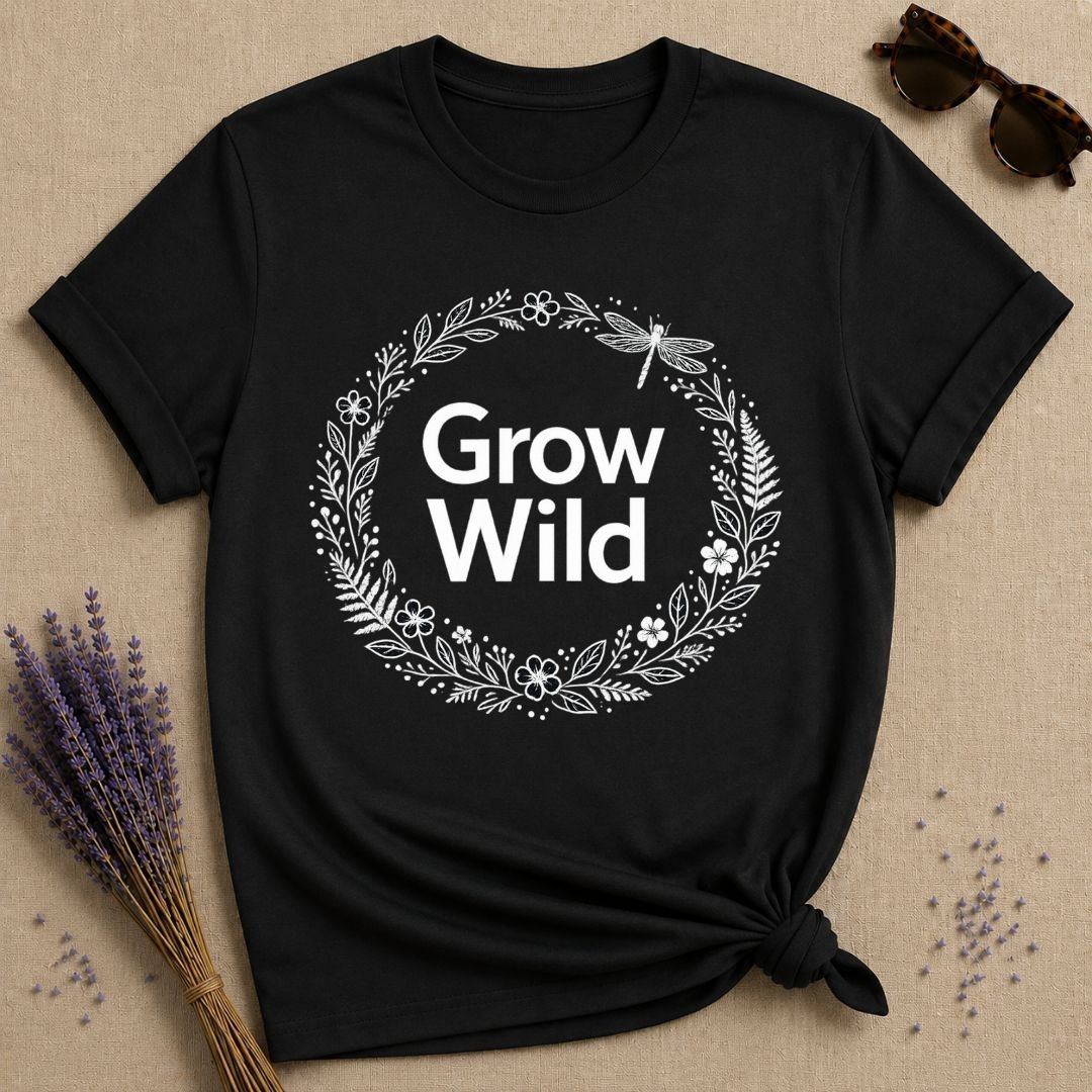 Grow Wild — Botanical Dragonfly Wreath T-Shirt for Women in Black