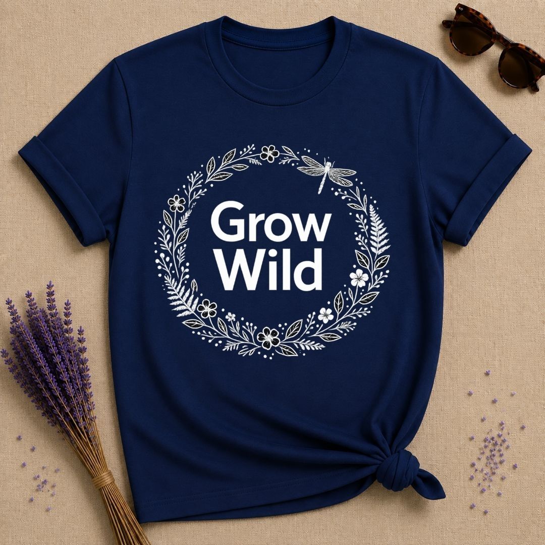 Grow Wild — Botanical Dragonfly Wreath T-Shirt for Women in Navy