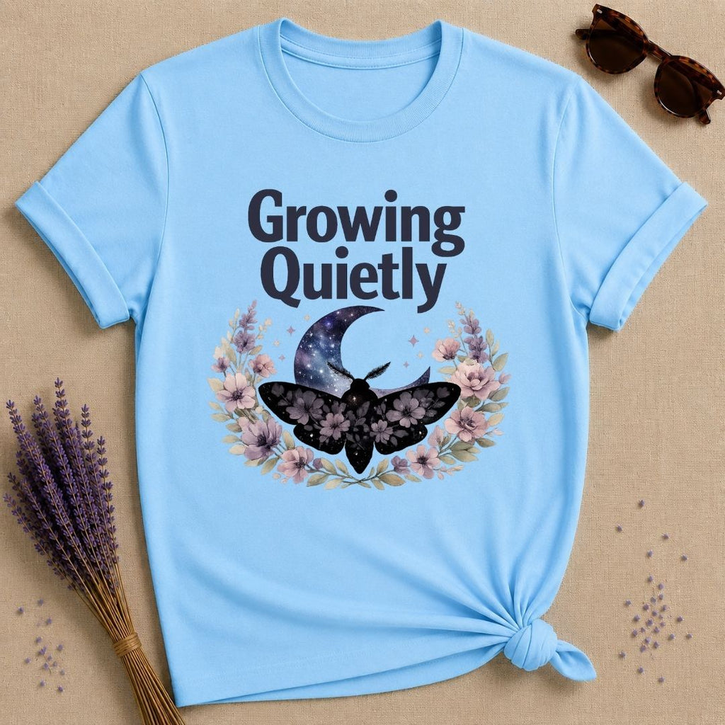 Growing Quietly — Celestial Moth Wreath T-Shirt for Women in Sky