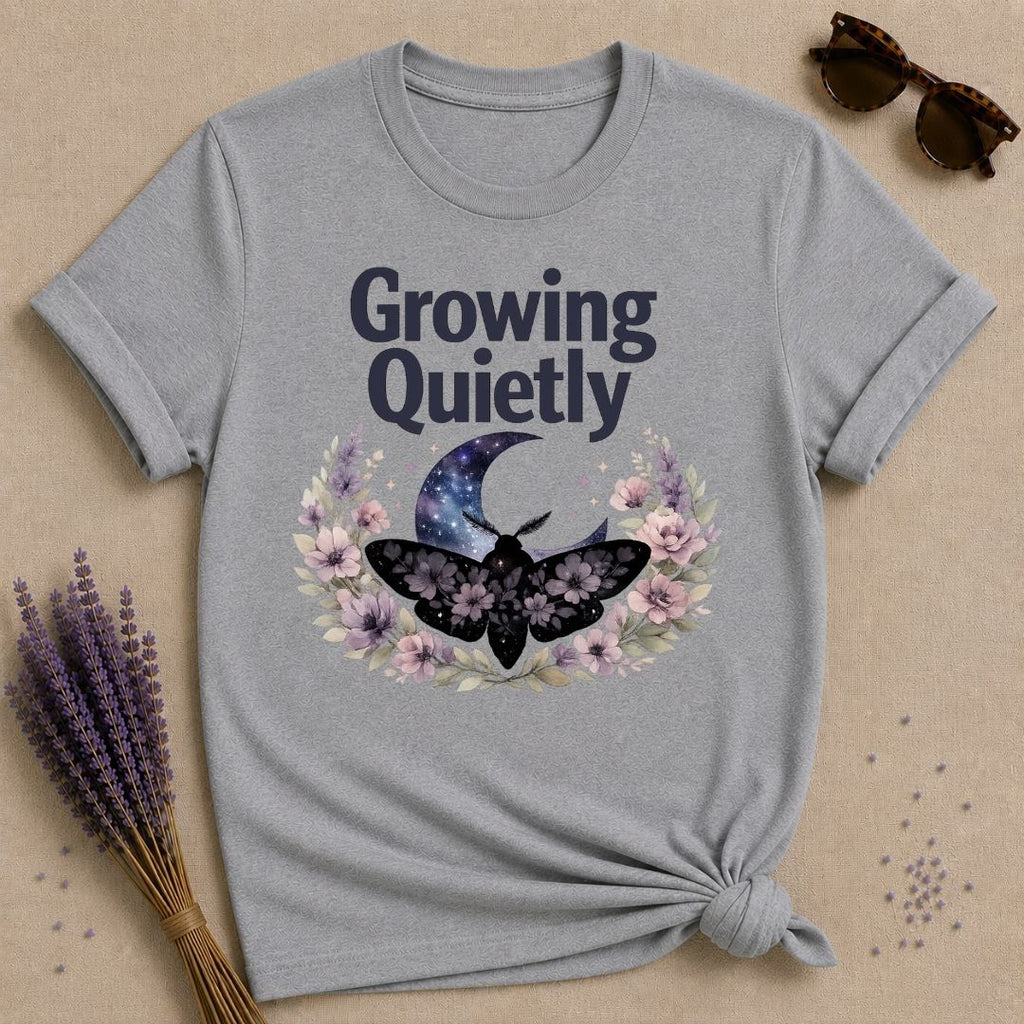 Growing Quietly — Celestial Moth Wreath T-Shirt for Women in Sport Grey
