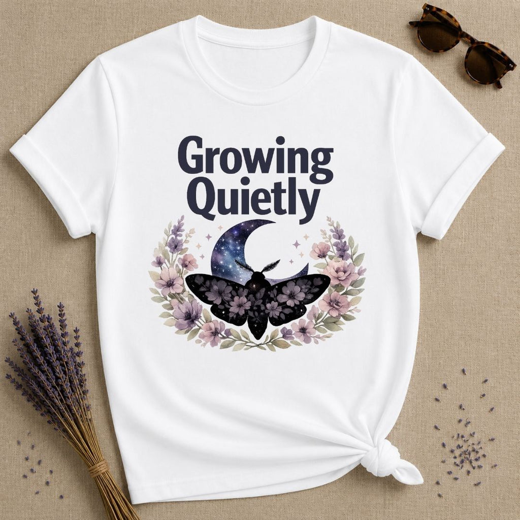 Growing Quietly — Celestial Moth Wreath T-Shirt for Women in White
