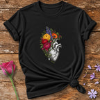 Heart in Bloom — Engraved Botanical T-Shirt for Women in Black