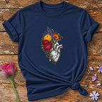 Heart in Bloom — Engraved Botanical T-Shirt for Women in Navy