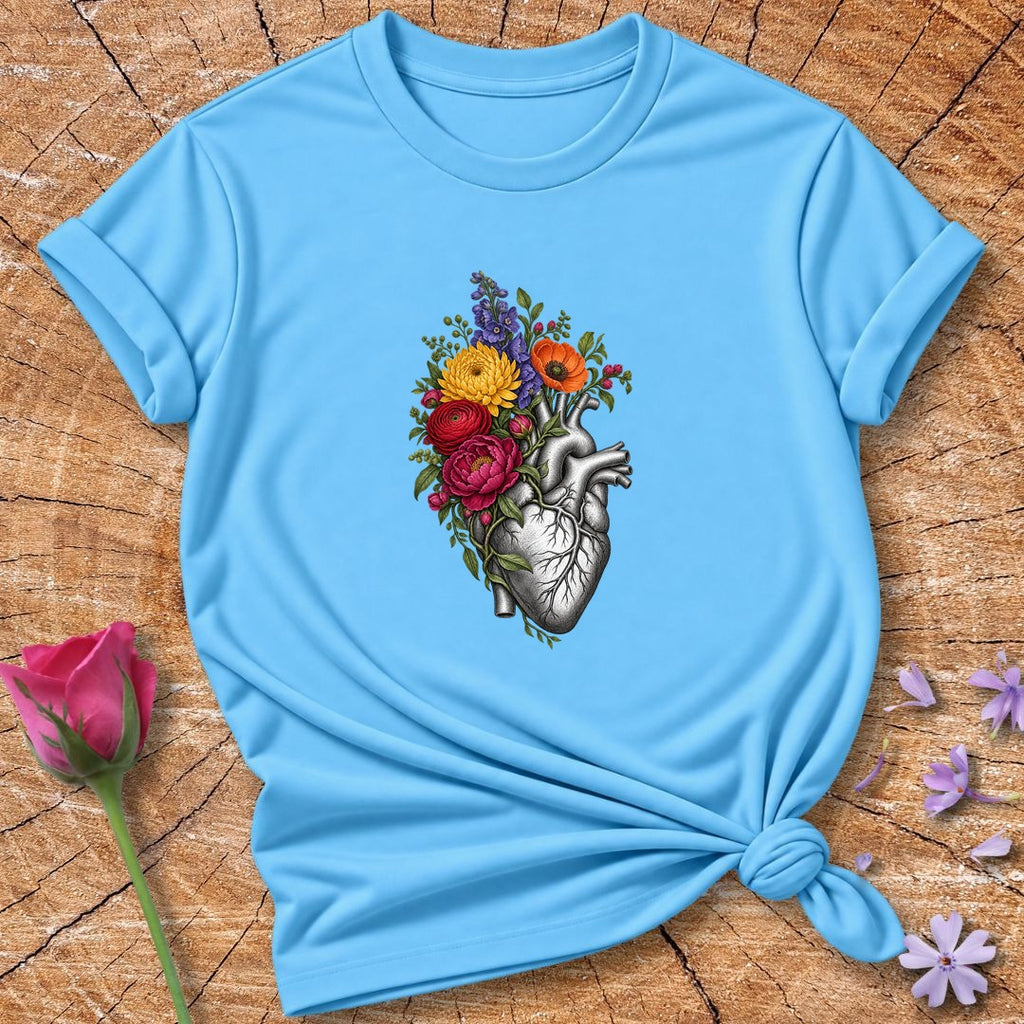 Heart in Bloom — Engraved Botanical T-Shirt for Women in Sky