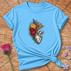 Heart in Bloom — Engraved Botanical T-Shirt for Women in Sky