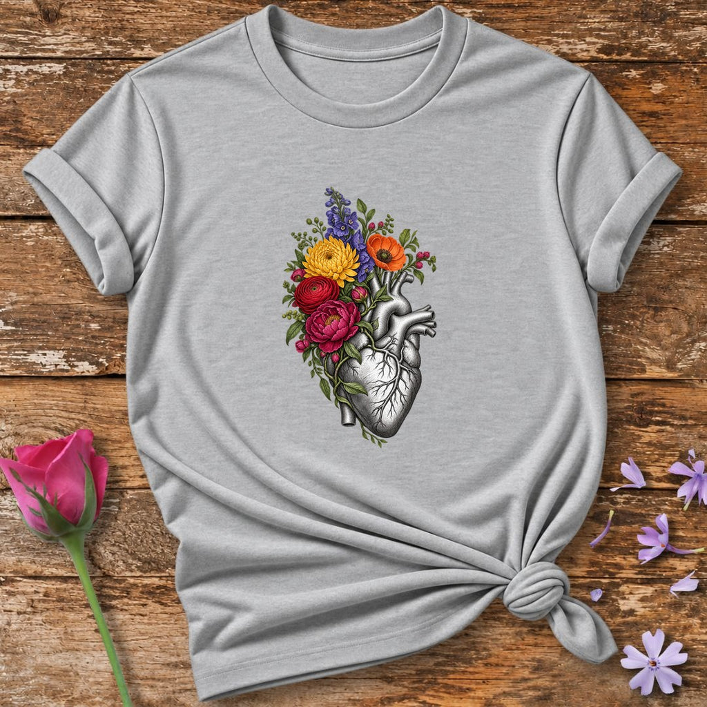 Heart in Bloom — Engraved Botanical T-Shirt for Women in Sport Grey