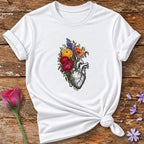 Heart in Bloom — Engraved Botanical T-Shirt for Women in White