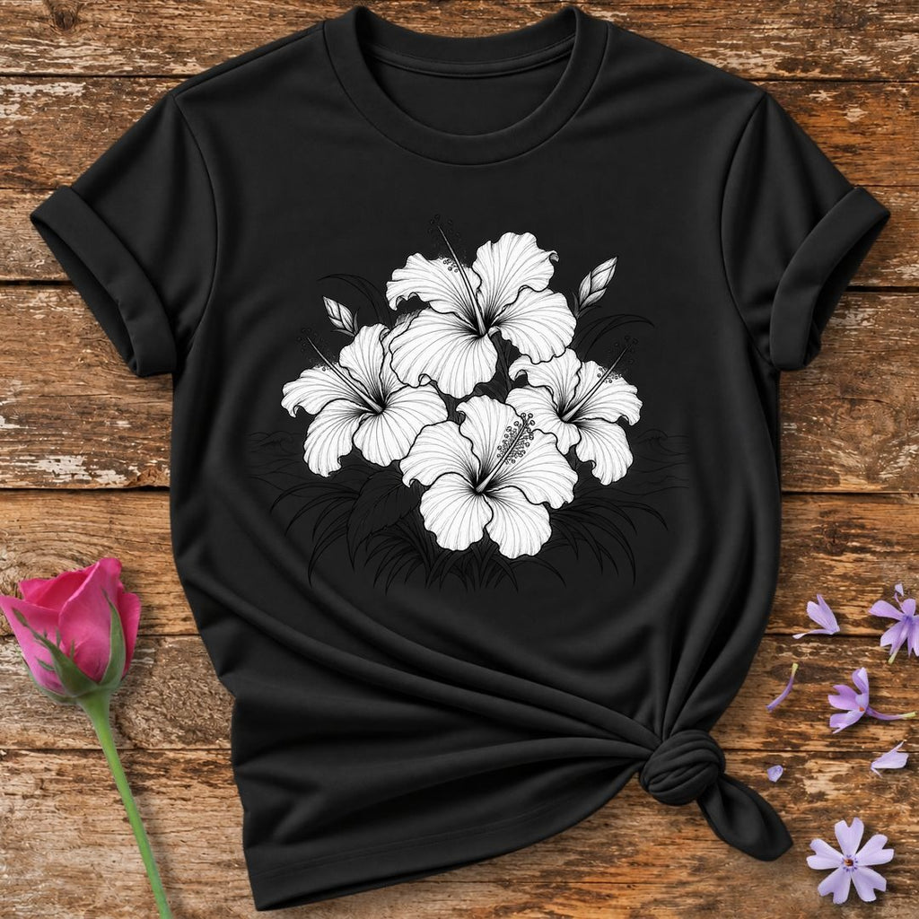 Hibiscus Bloom Cluster — Fine Line Botanical T-Shirt for Women in Black