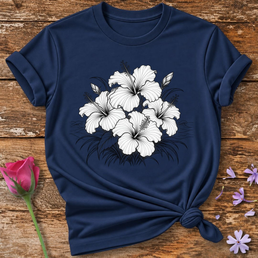 Hibiscus Bloom Cluster — Fine Line Botanical T-Shirt for Women in Navy