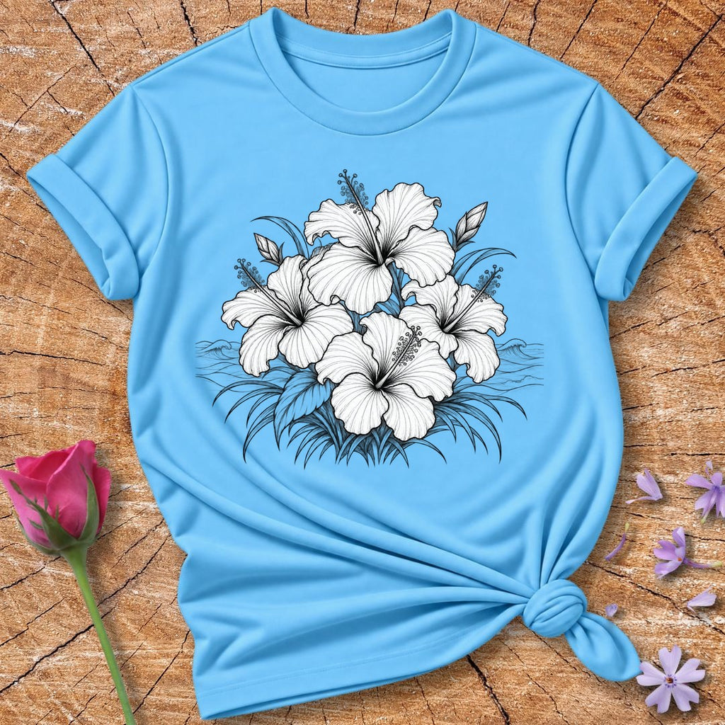 Hibiscus Bloom Cluster — Fine Line Botanical T-Shirt for Women in Sky